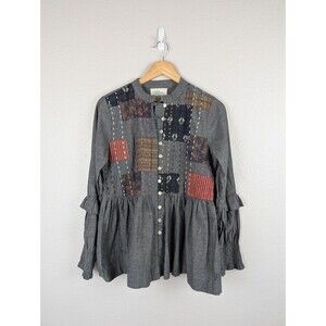 Oh My Stars Gray Embroidered Button Up Top Womens S
